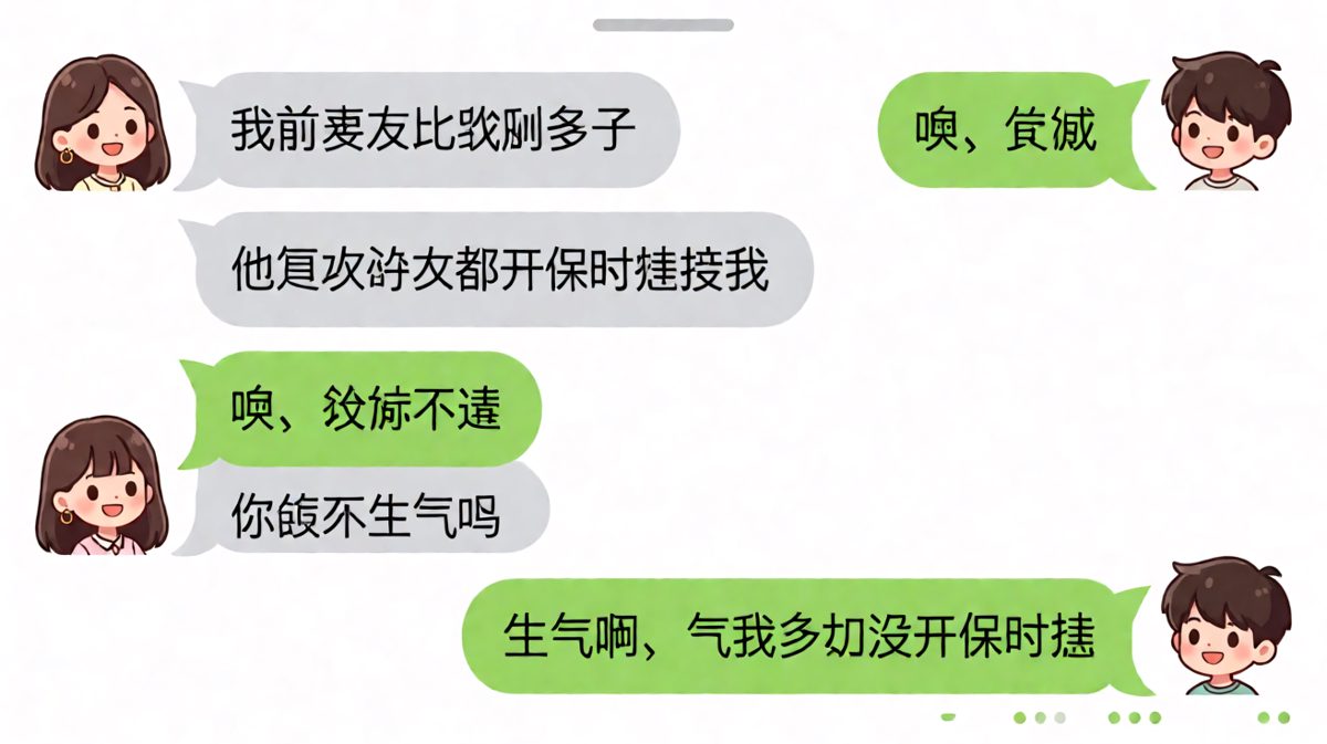 女生拿前任刺激男友，结果男友反向自嘲把她噎住。