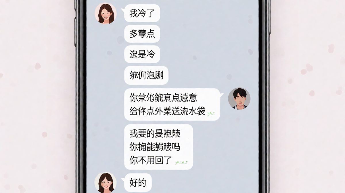 女生撒娇喊冷求安慰，男生全程理性解决，最后直男反问"拥抱能保暖吗"彻底惹毛对方