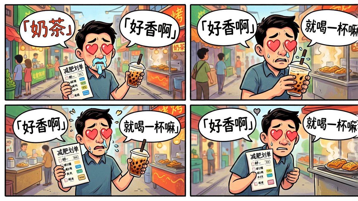 美食当前，意志力开始动摇。