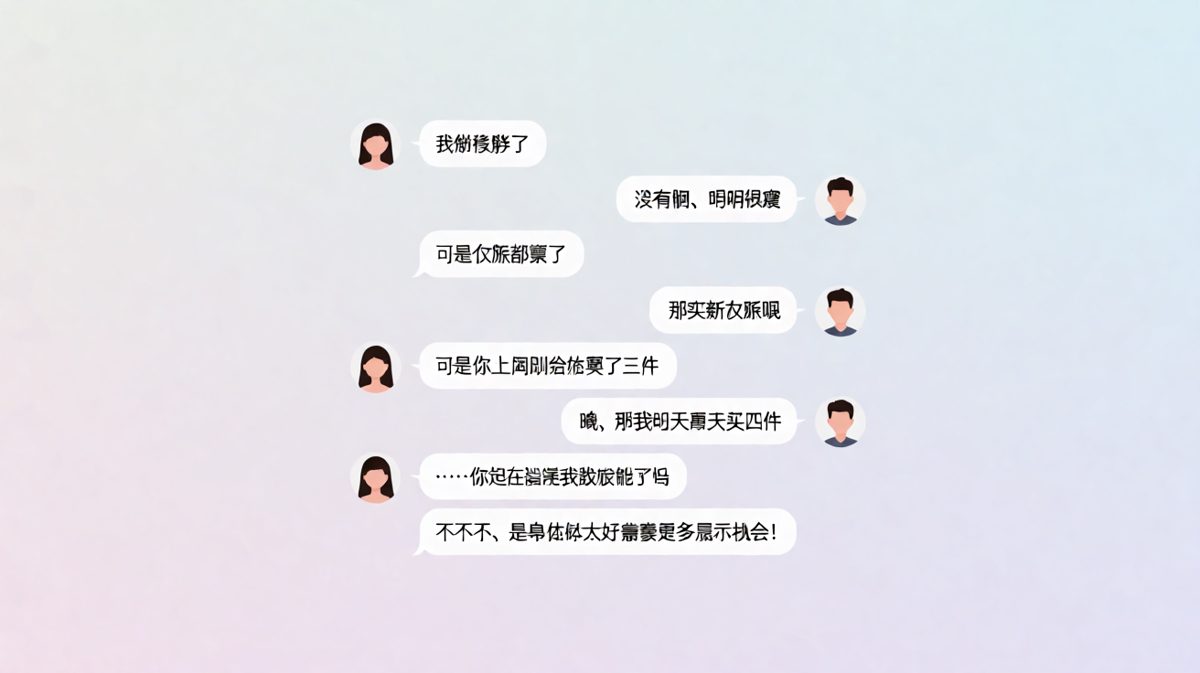 关于体重话题的极限求生对话，男方在直男思维与求生欲之间反复横跳。
