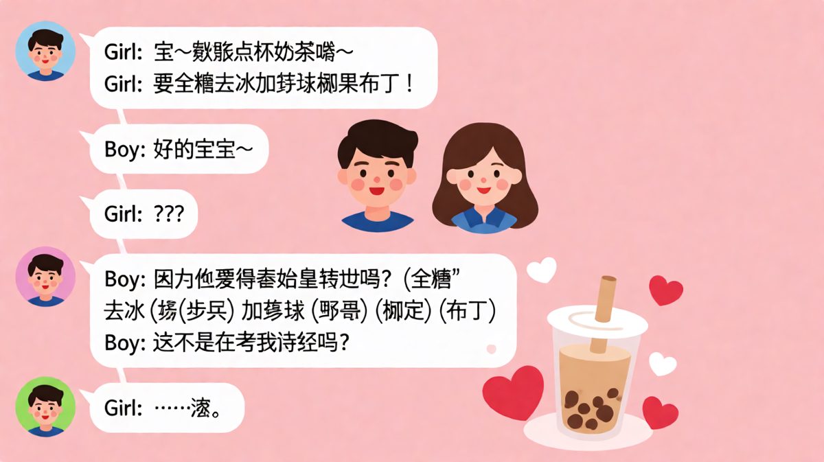 女生让男友点奶茶，男友用谐音梗把订单读成了《诗经》题目