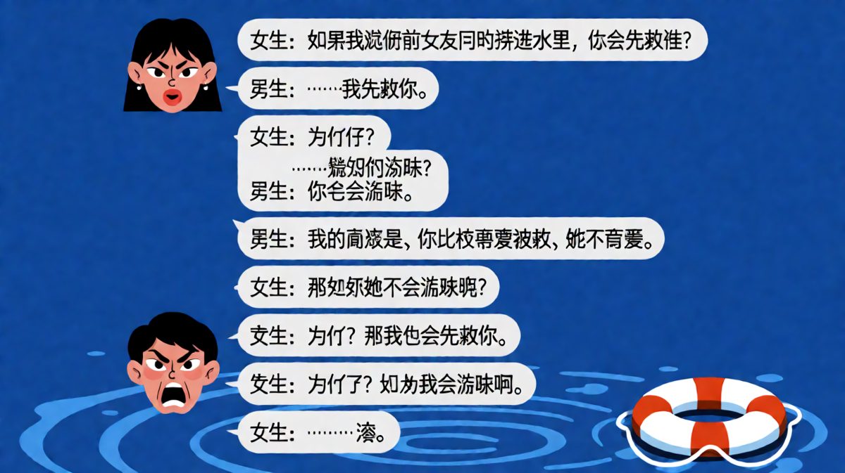 女生问送命题'水和前女友同时落水救谁'，男友用'我会游泳'完美避开