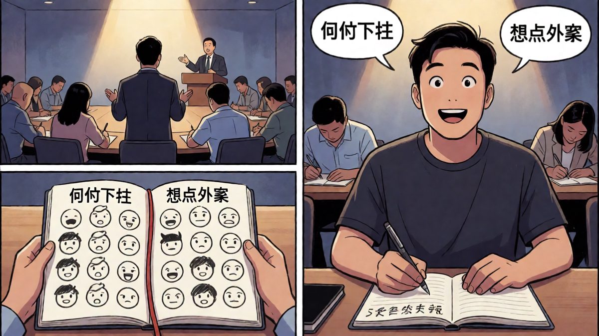 开会时表面记笔记，实则笔记本变成了吐槽本