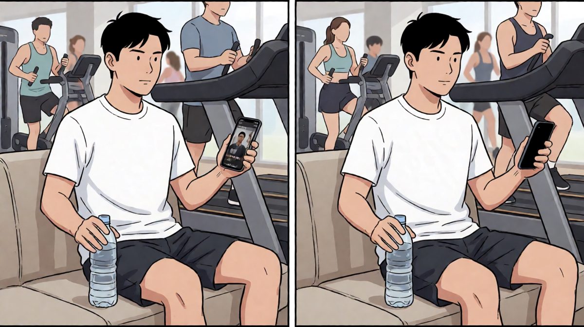 第一次来健身房，走了五分钟就累瘫在沙发上刷手机。