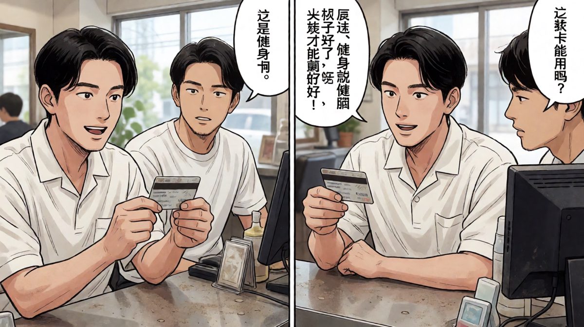 最后主角把健身卡拿去理发店当会员卡用了，还一本正经地说'健身就是健脑'。