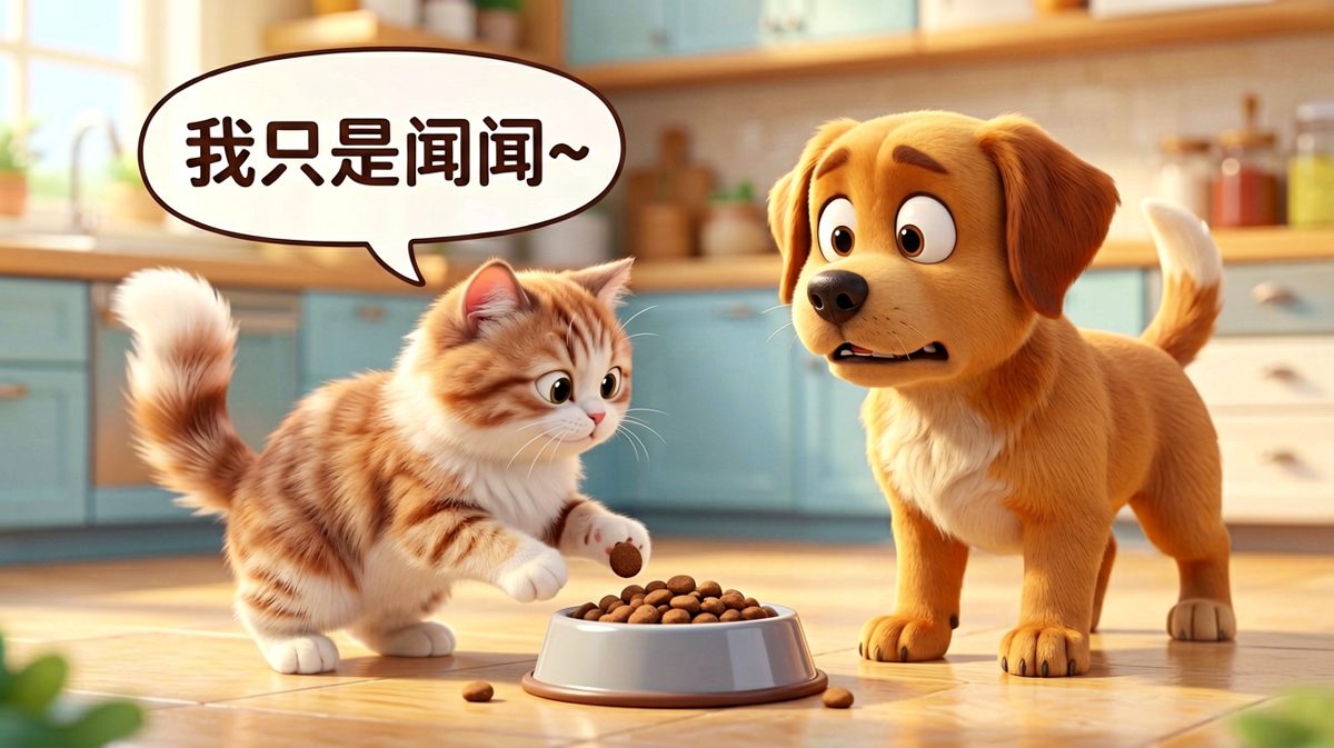 猫咪偷吃狗粮被抓包，还狡辩说只是在闻闻