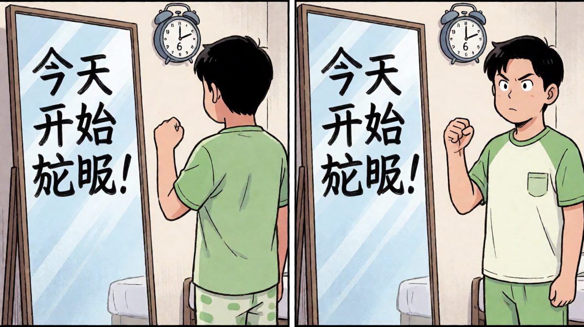 主角对着镜子立下鸿鹄之志：今天开始减肥！