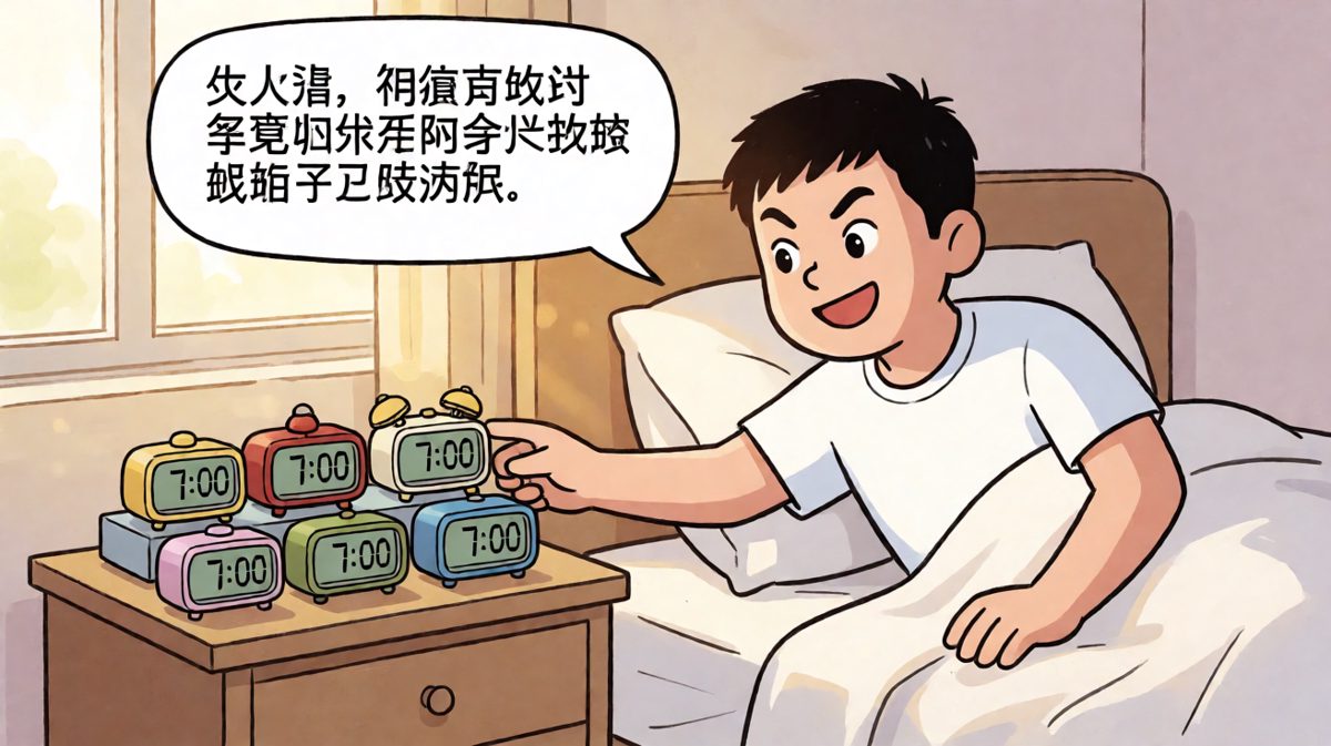 阿强自信满满地关掉了所有闹钟，心想今天肯定能准时起床。