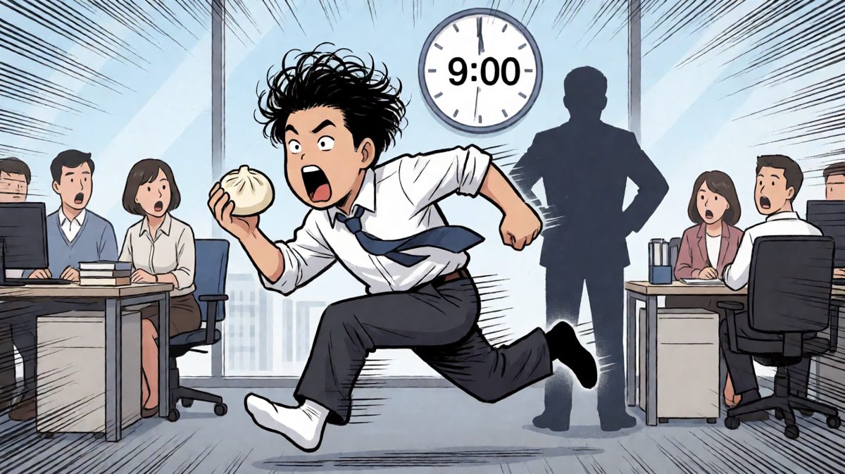阿强以最快的速度冲向公司，却以最快的速度穿错了袜子和拿了馒头当早餐。