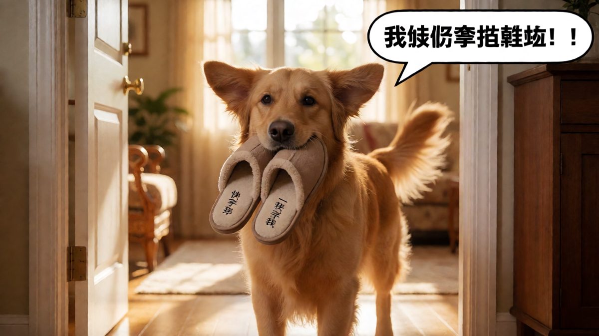 金毛：主人你看我多能干！这拖鞋是不是特别配你？