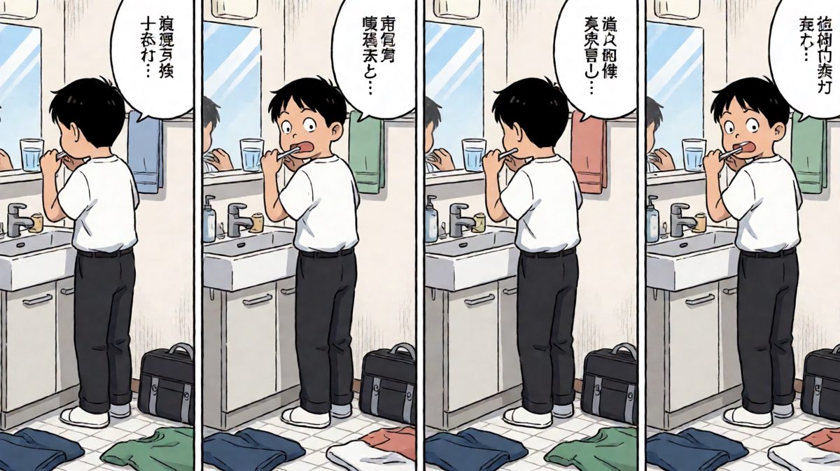 匆忙中牙膏挤爆了，小明狼狈不堪。
