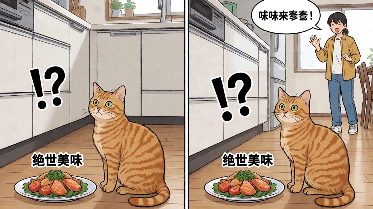 第四格：咪咪——尝尝爸爸的手艺！猫：这谁敢吃啊——！