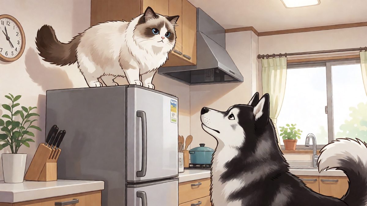 猫：仰望本宫吧，凡人。狗：老大牛了！