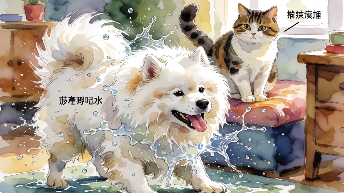猫：我招你惹你了？？萨摩耶：洗澡要甩干，这是基本礼仪