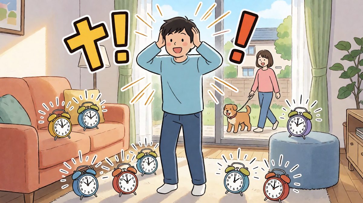 七个闹钟接连响起，却无人醒来，只有主角一个人在疯狂崩溃中。