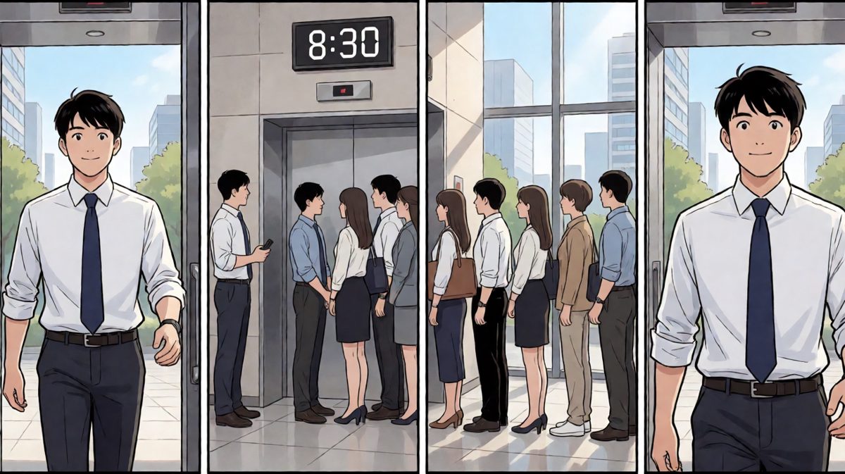 早起挤电梯，主人公满怀希望走进大堂