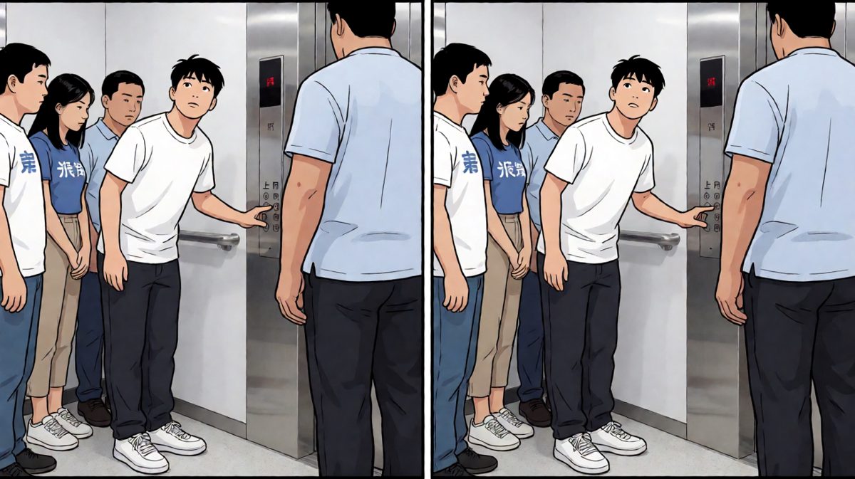 努力按电梯却被人挡住，急得冒汗