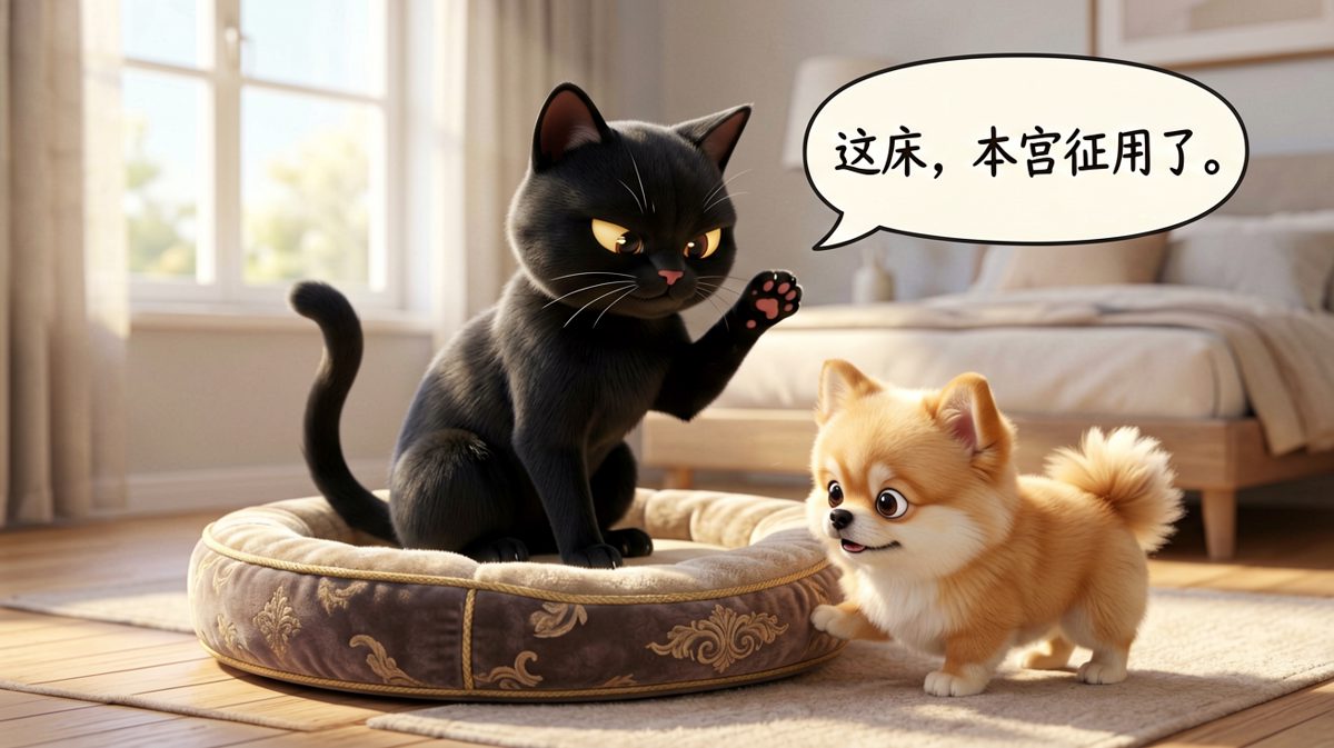 猫咪霸占狗窝还一脸高傲，狗子一脸懵