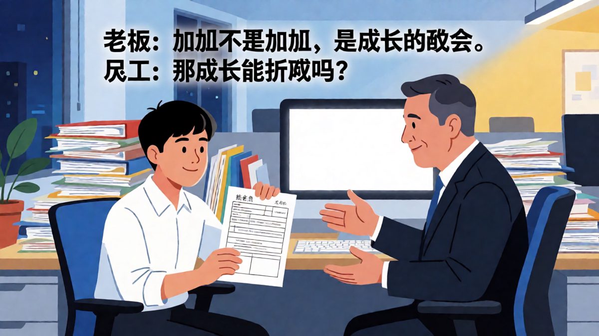 老板画饼说加班是成长，员工灵魂发问能否折现。