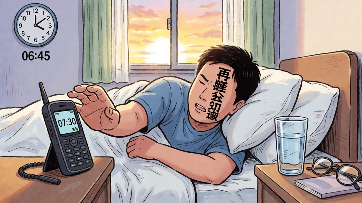 闹钟响了，伸手按掉，美滋滋地继续睡