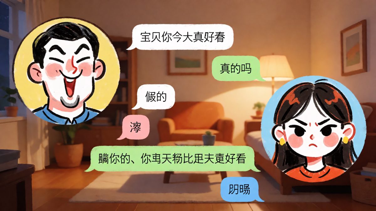 男生夸完立刻撤回的反杀操作，女生无语又甜蜜的表情