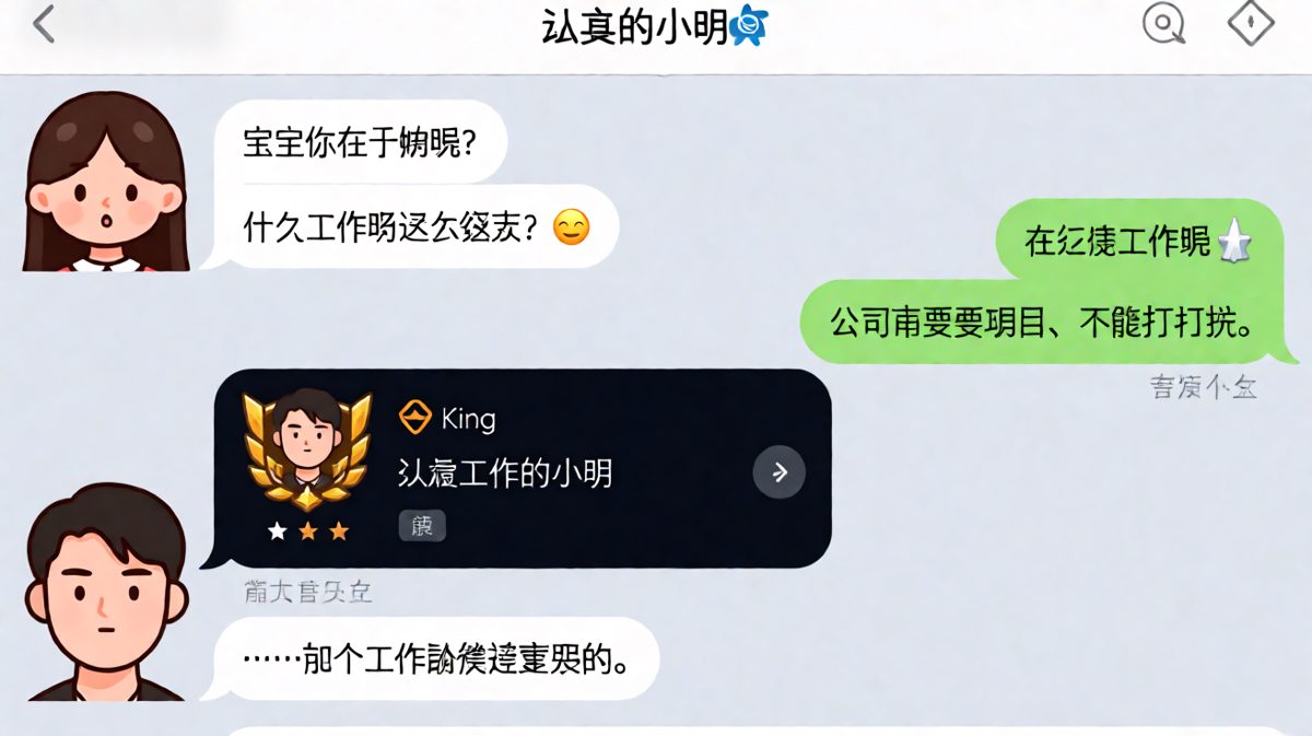 男生假装在工作，结果被女友查出王者段位「认真工作」的真实身份。