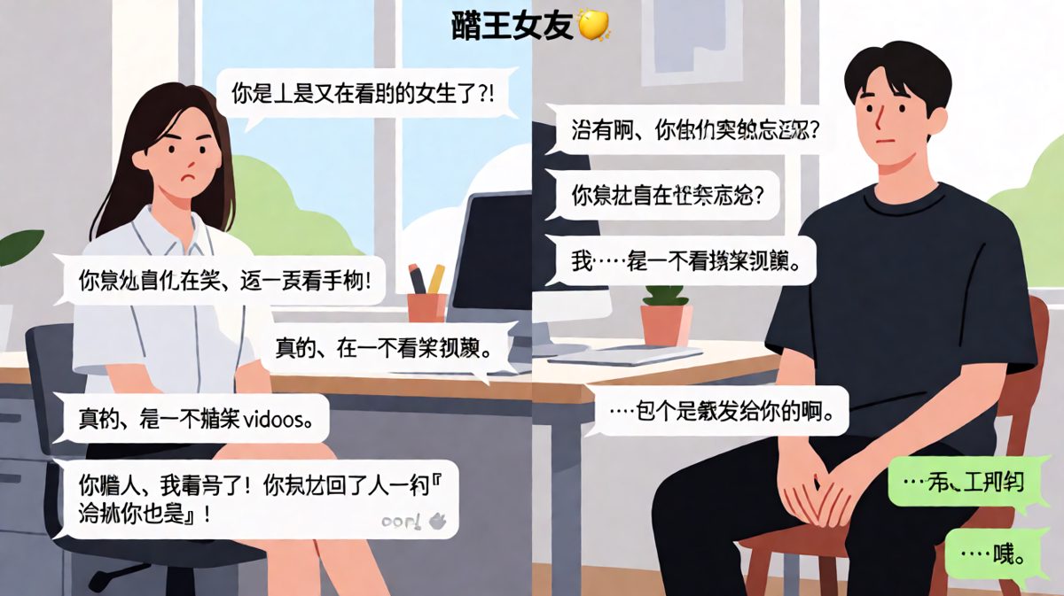 女生怀疑男生偷笑看别的女生，结果发现那句话是自己发出去的。