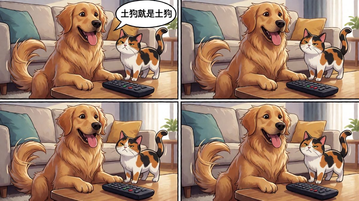 狗狗：这个闪闪发亮的东西一定是我的宝藏！猫咪：呵，愚蠢的生物