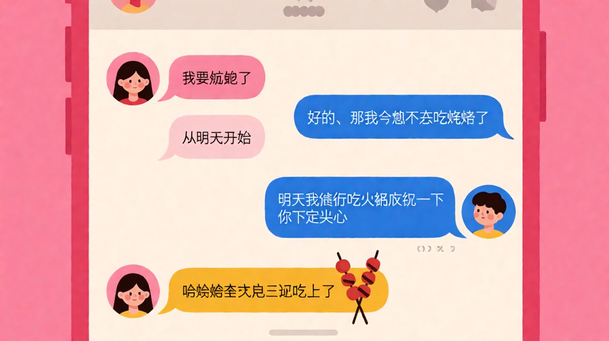 女生说要减肥，下一秒就反悔吃上了，男生还在认真计划庆祝方式。