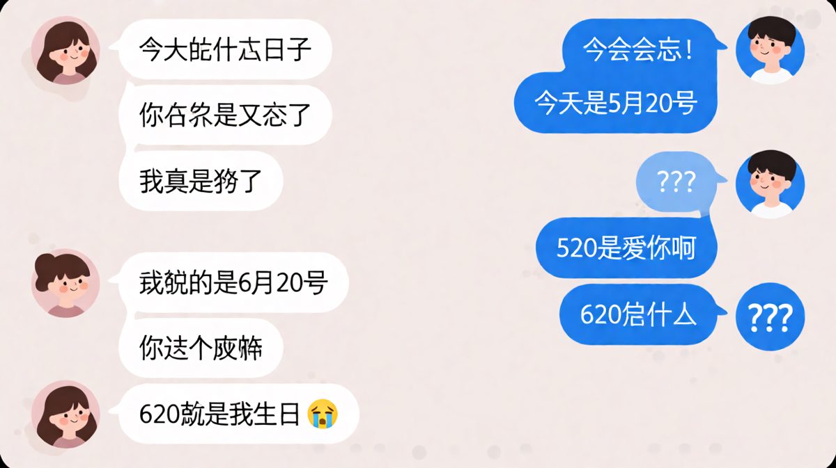 男生用520表白纪念日敷衍，结果撞上女生生日，当场社死。