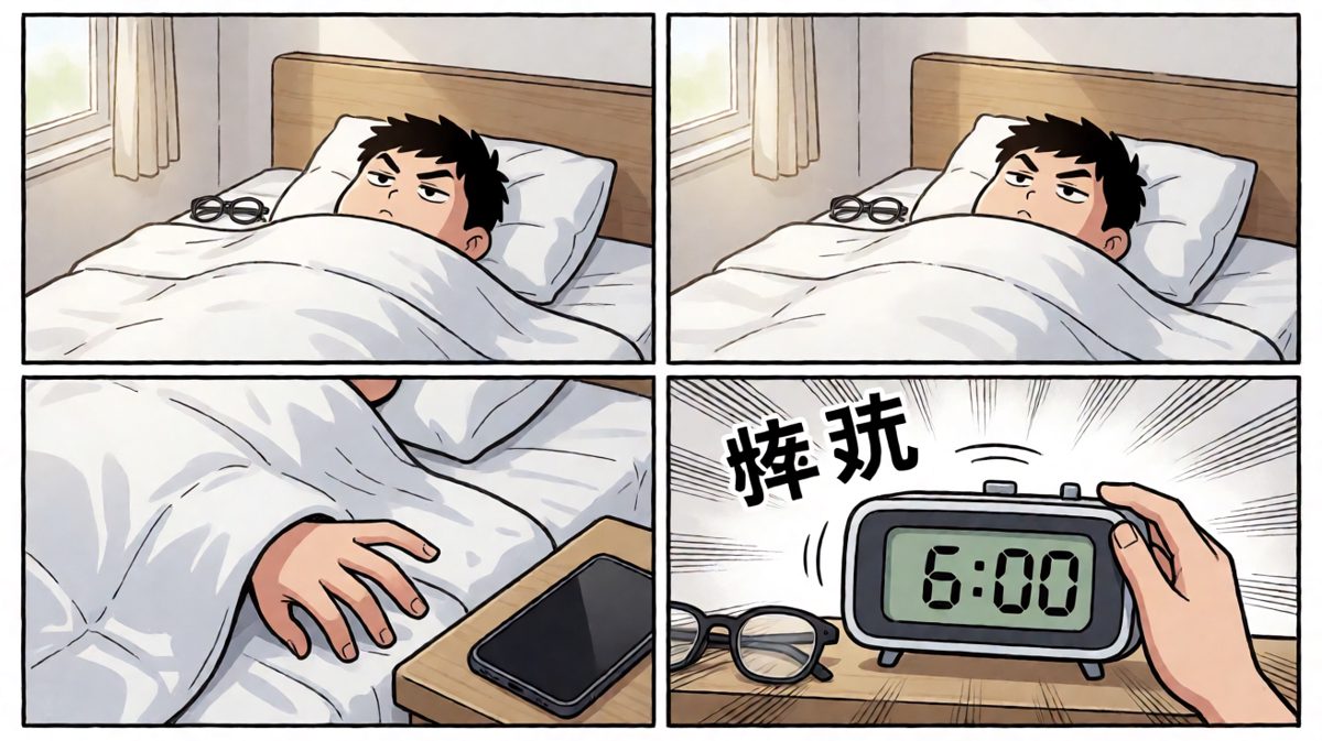 第一格：闹钟响了，果断按掉继续睡。