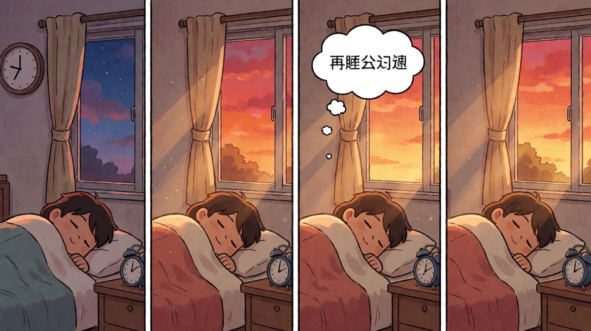第二格：又睡了一觉，心里想着就五分钟。