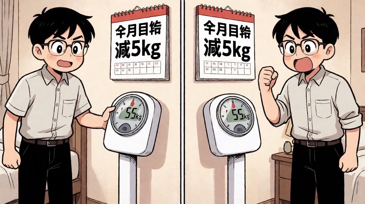 看到体重秤上的数字，主人公下定决心减肥。