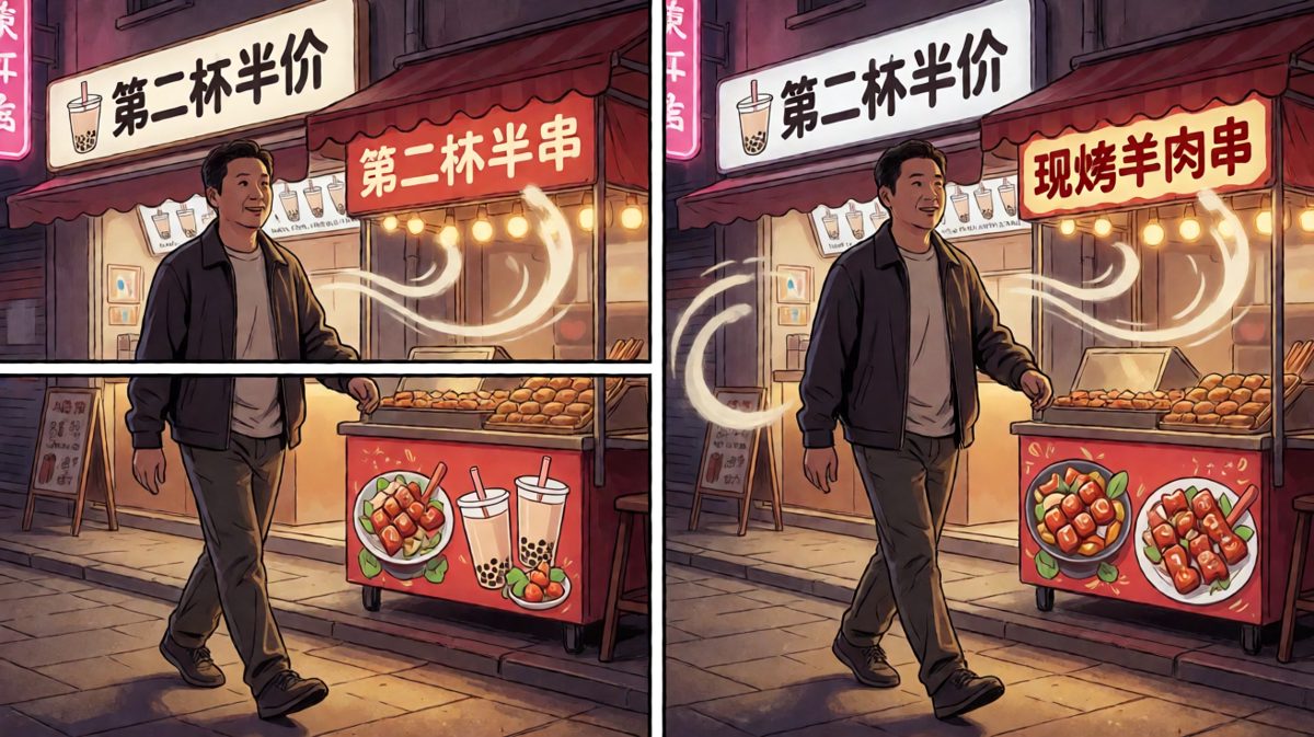 路过美食街，他的减肥意志开始动摇。