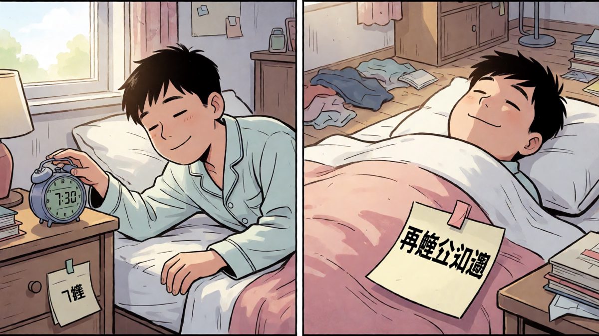 格一：闹钟响了，再睡五分钟——结果直接睡到迟到