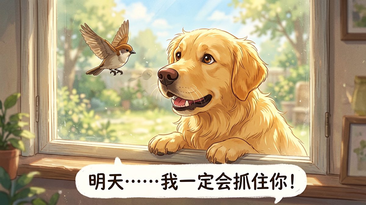 金毛窗外的执着，小鸟：你开心就好。