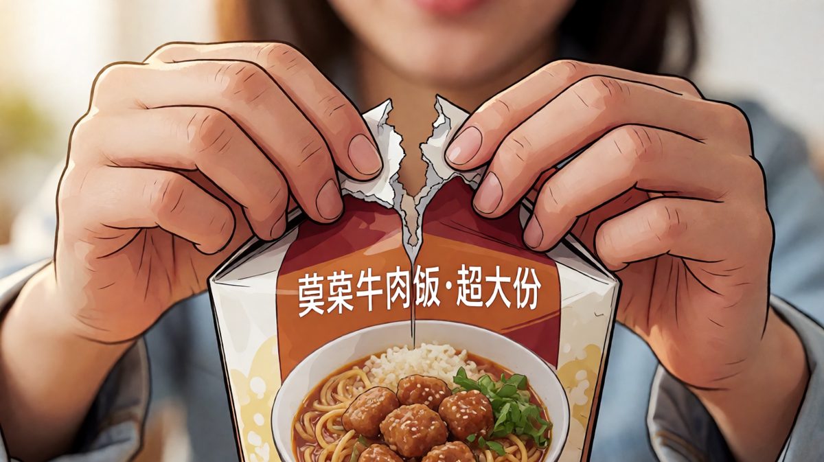 第二格：主角小心翼翼地打开外卖，心里已经开始幻想牛肉的味道