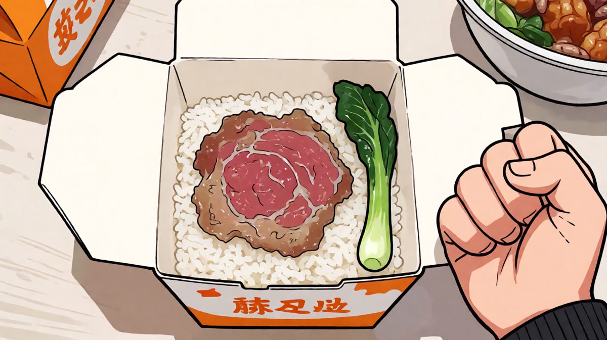 第三格：打开外卖的瞬间——就这？一片牛肉配一颗菜心！