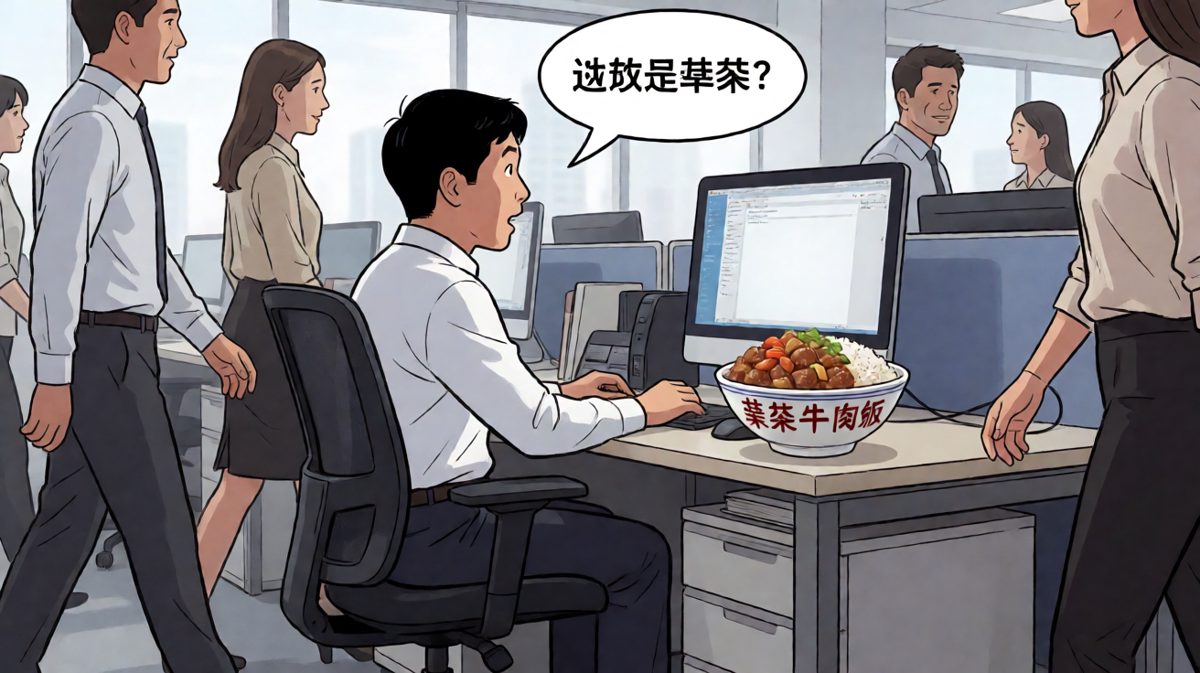 第四格：主角含泪咬下那片牛肉，内心崩溃：这就是豪华？！