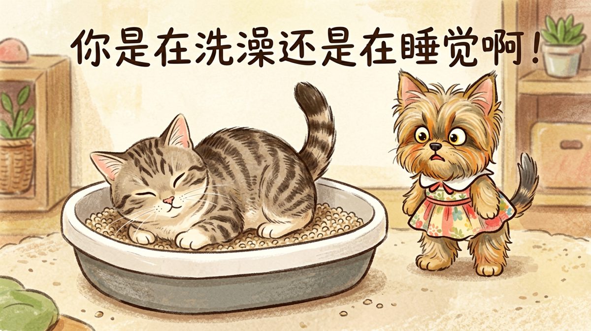 狸花猫把猫砂盆当床，约克夏看不下去了。