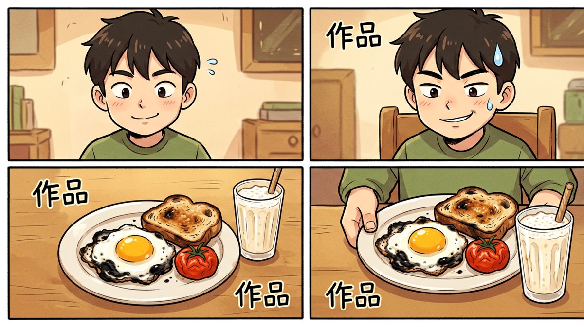 主角硬着头皮端上'创意料理'，自我感觉良好