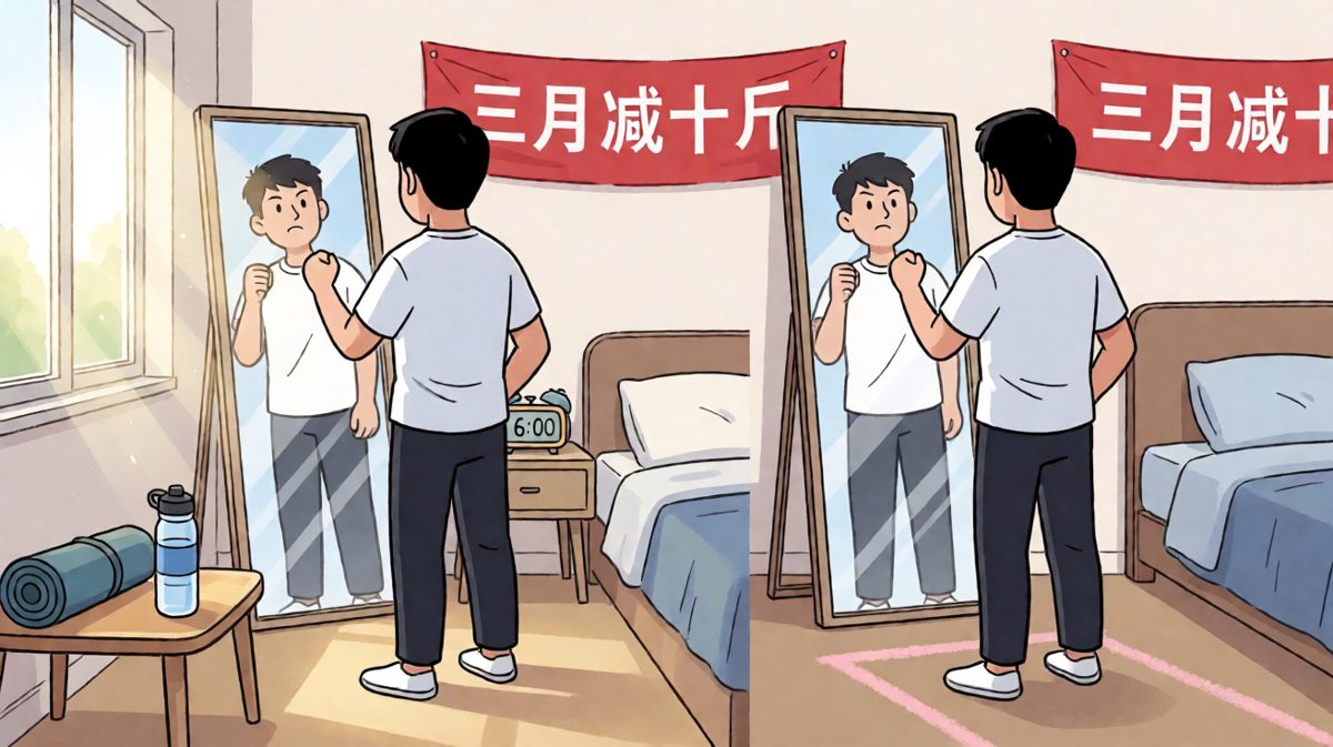 第一天，雄心壮志对着镜子宣誓减肥决心