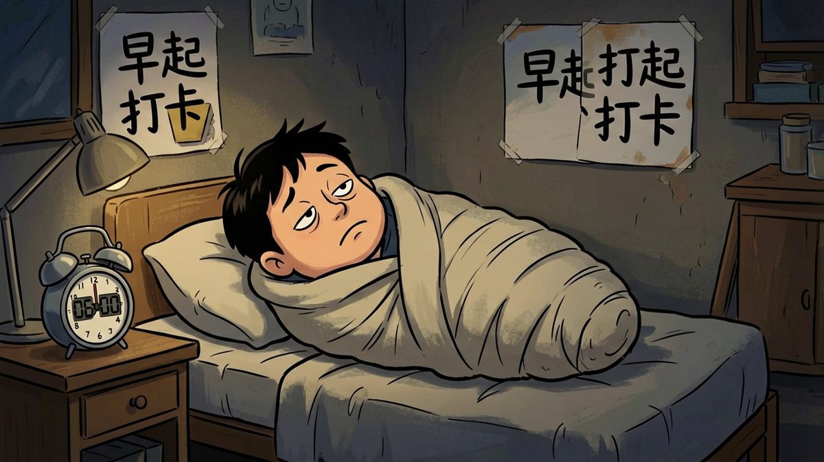 闹钟响起，但主角完全无动于衷，继续沉睡。