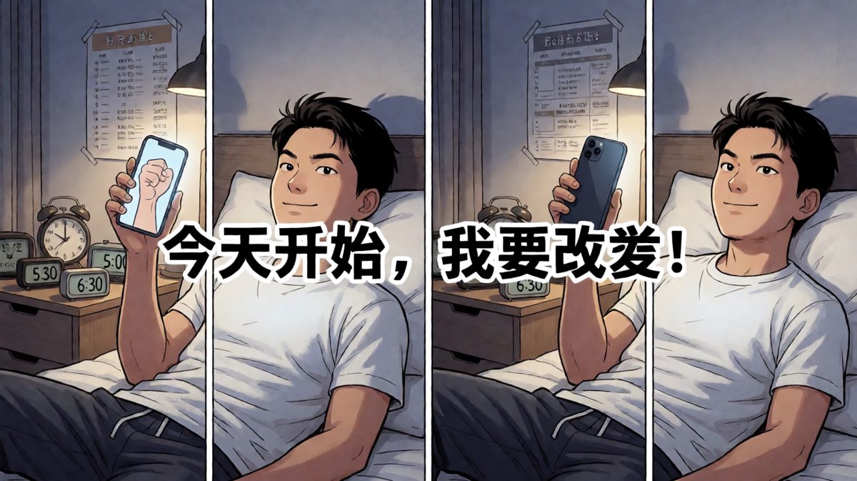 夜晚充满干劲，设定八个闹钟准备凌晨起床健身。