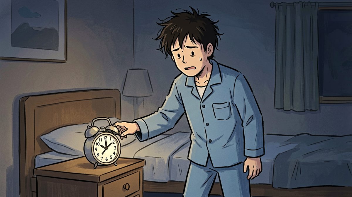 主角闹钟响了，挣扎着伸手去关