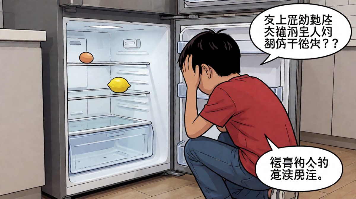 第三格：翻遍整个冰箱，只剩一个鸡蛋在嘲笑我