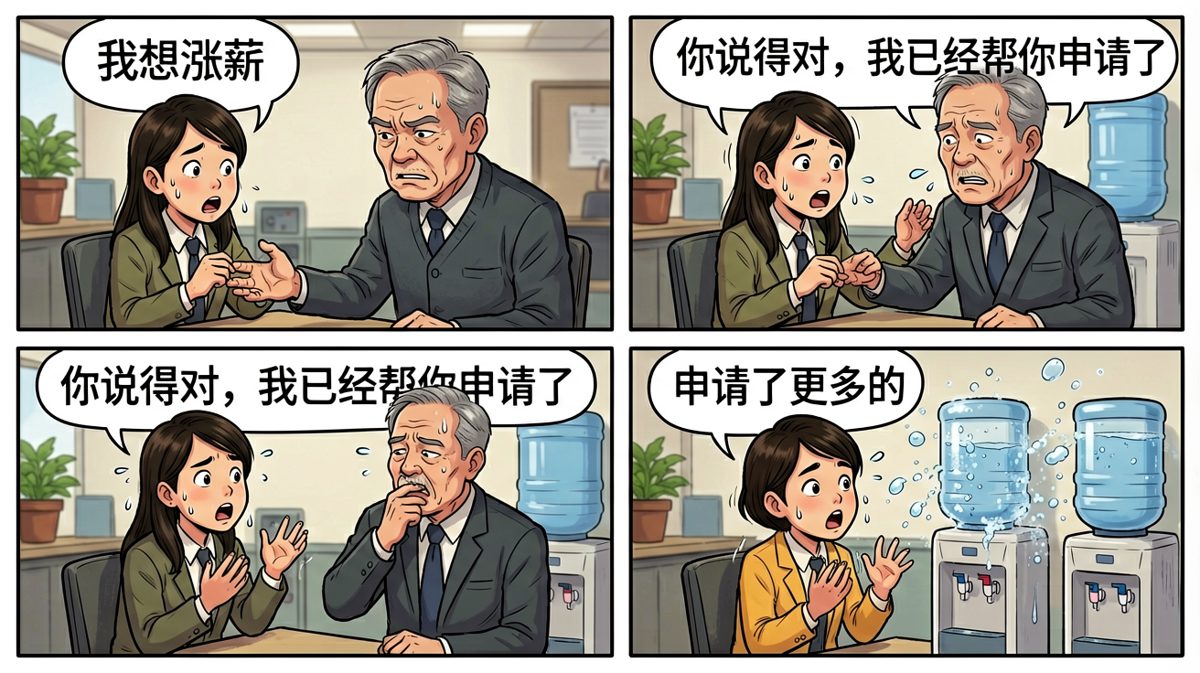 员工：我想涨薪 / 老板：我帮你申请了 / 员工：真的？/ 老板：申请了一堆新工作