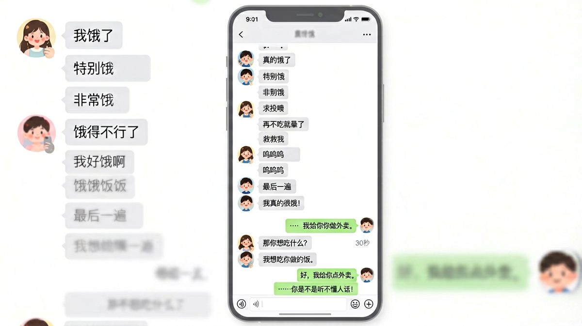 女生连发12条「我饿了」，男生最后用外卖完美化解危机。