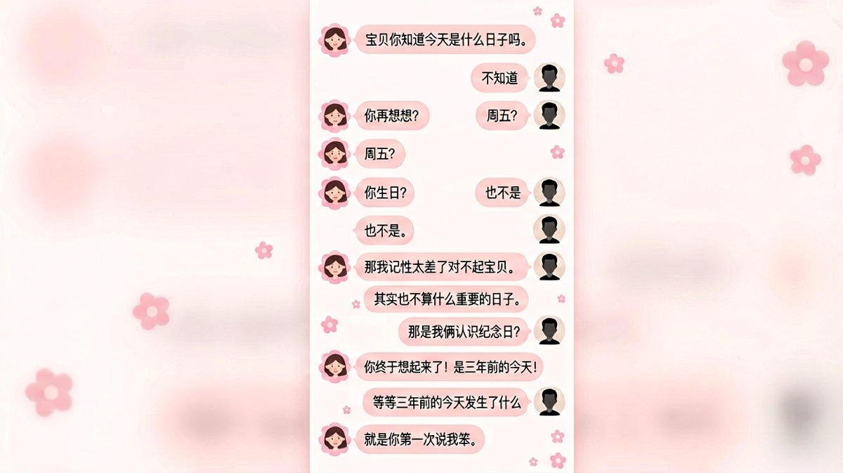 女生精心铺垫纪念日话题，男生却只记得三年前被骂「笨」的那一天。