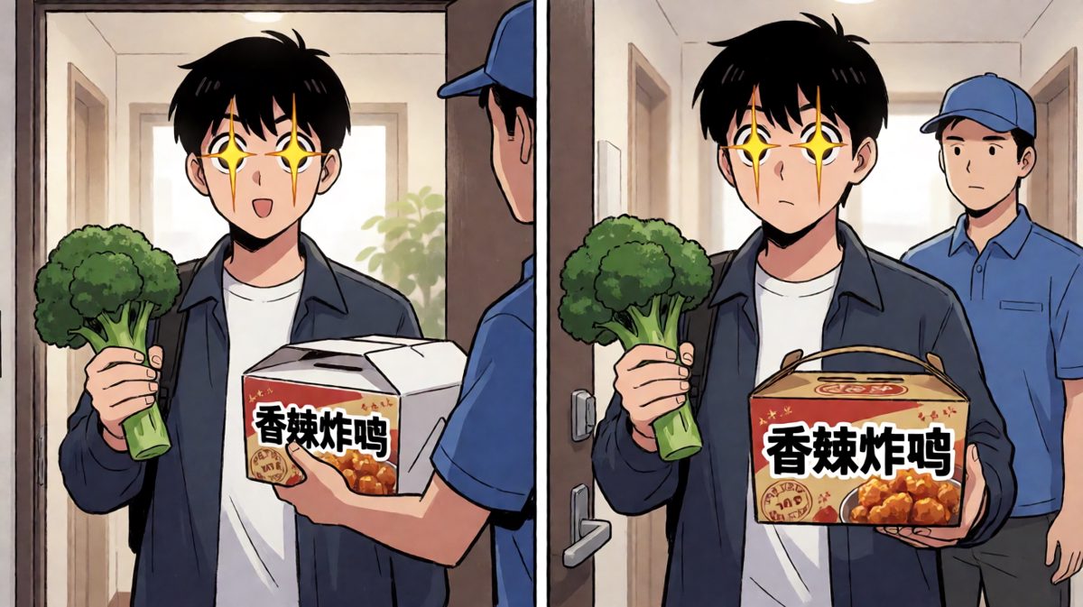 炸鸡外卖到来，意志力瞬间崩塌。